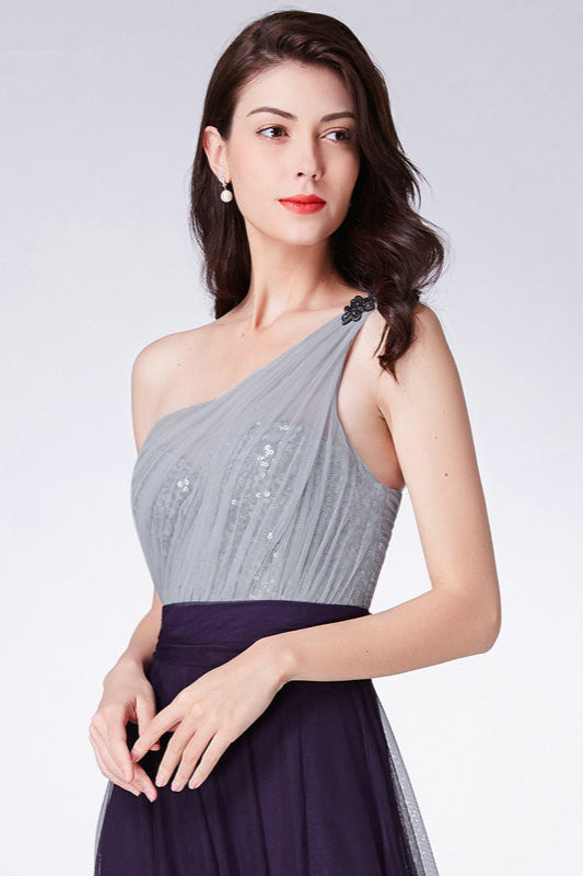 Hot Sale One Shoulder Sequins Long Tulle Prom Dress-BallBride