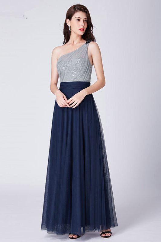 Hot Sale One Shoulder Sequins Long Tulle Prom Dress-BallBride