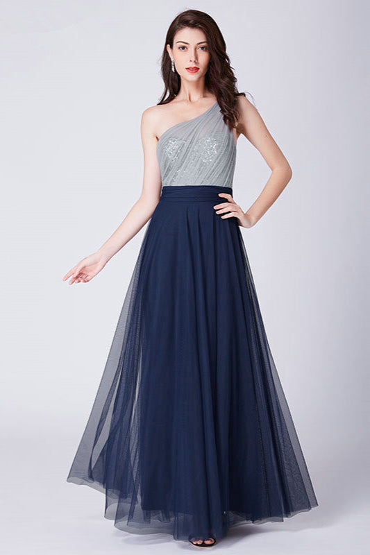 Hot Sale One Shoulder Sequins Long Tulle Prom Dress-BallBride