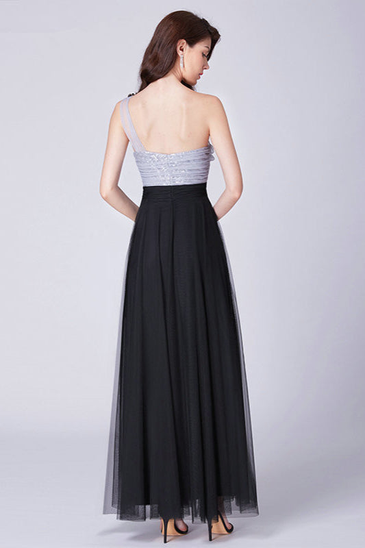 Hot Sale One Shoulder Sequins Long Tulle Prom Dress-BallBride