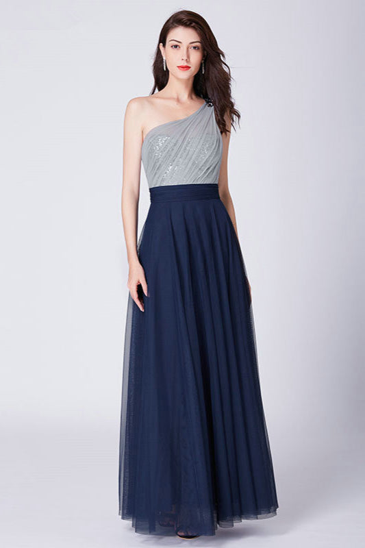 Hot Sale One Shoulder Sequins Long Tulle Prom Dress-BallBride