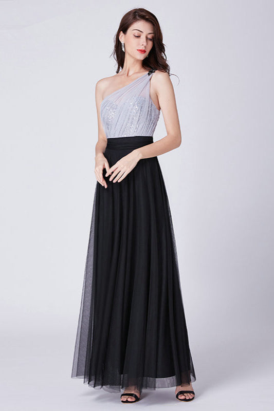 Hot Sale One Shoulder Sequins Long Tulle Prom Dress-BallBride