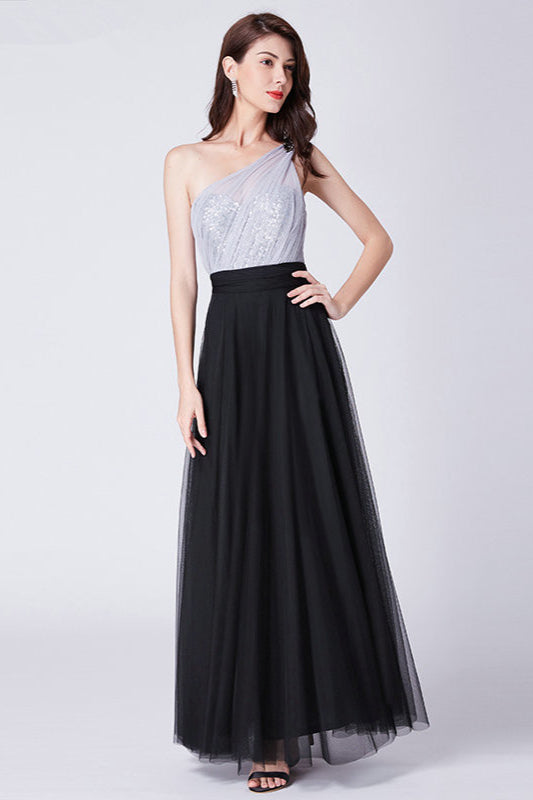 Hot Sale One Shoulder Sequins Long Tulle Prom Dress-BallBride