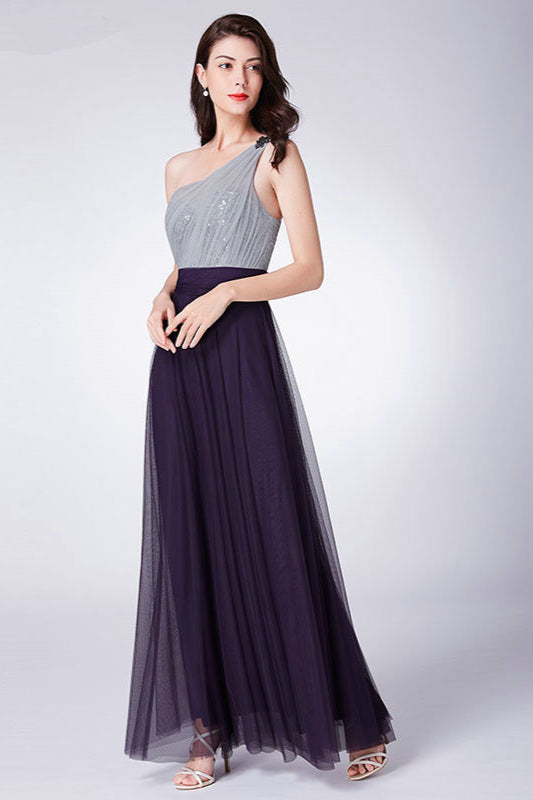 Hot Sale One Shoulder Sequins Long Tulle Prom Dress-BallBride