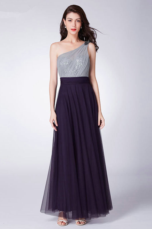 Hot Sale One Shoulder Sequins Long Tulle Prom Dress-BallBride