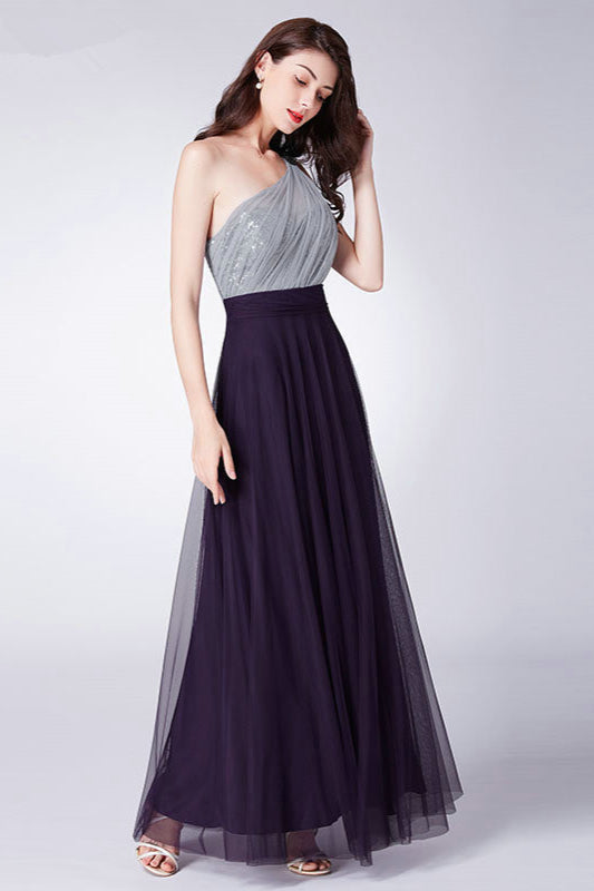 Hot Sale One Shoulder Sequins Long Tulle Prom Dress-BallBride