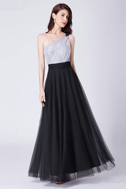 Hot Sale One Shoulder Sequins Long Tulle Prom Dress-BallBride