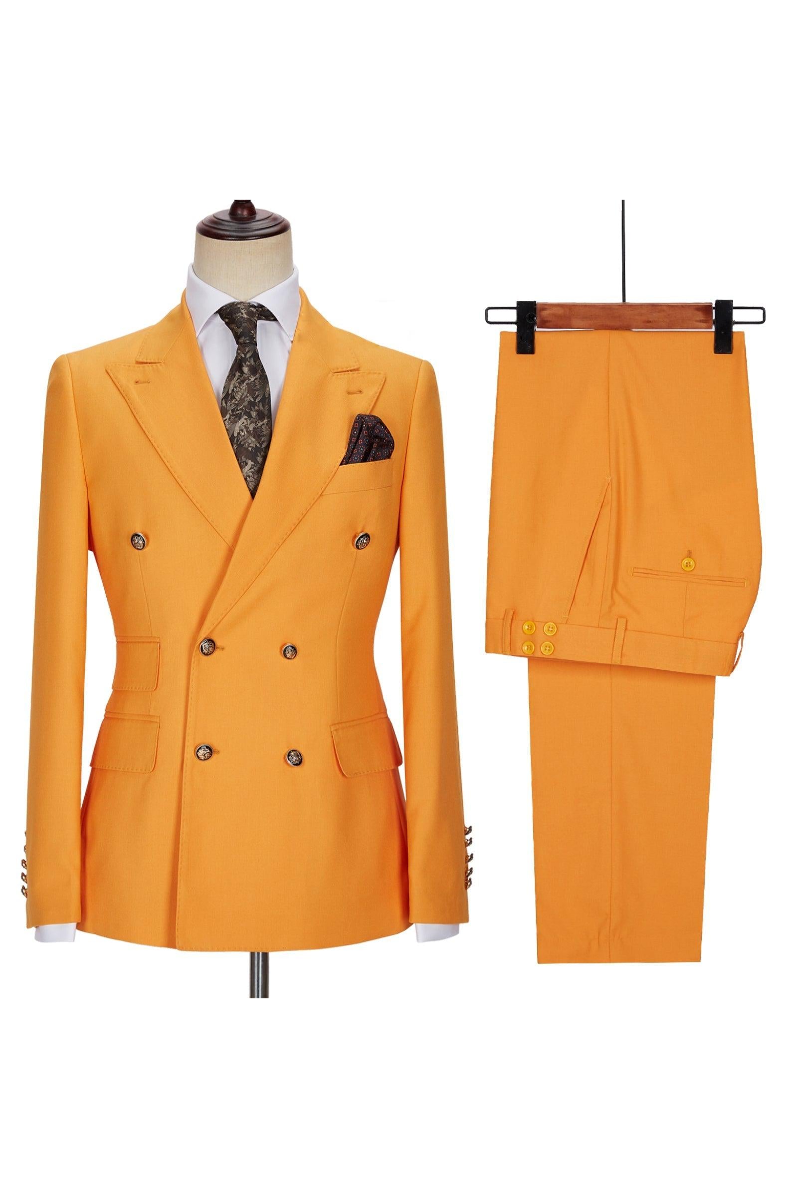 Hot Sale Orange Men Suits by Benjamin - Double Breasted Peaked Lapel-BallBride