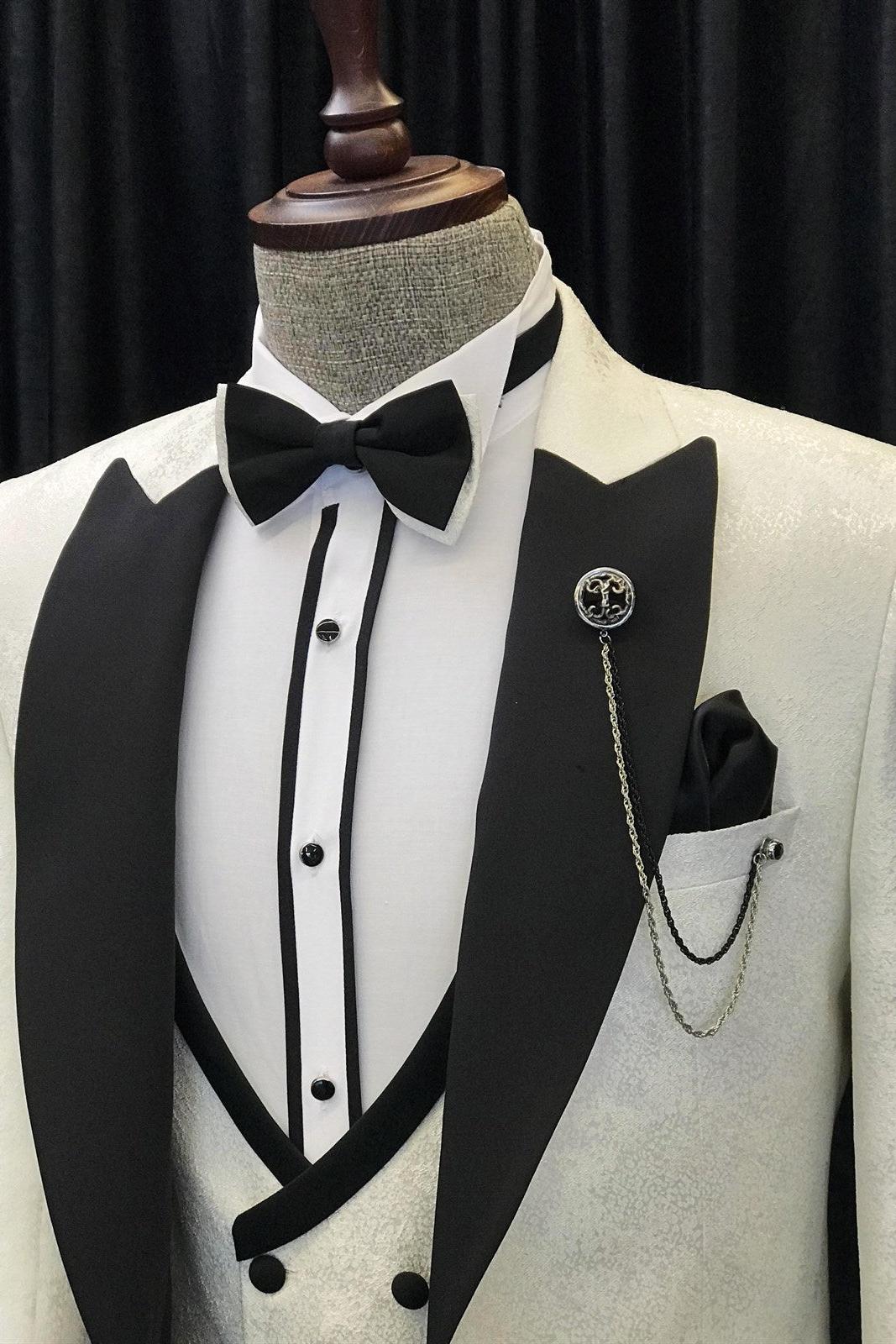Hot Sale White Jacquard Wedding Suits with Black Peaked Lapel - Alvin 3 Piece Set-BallBride