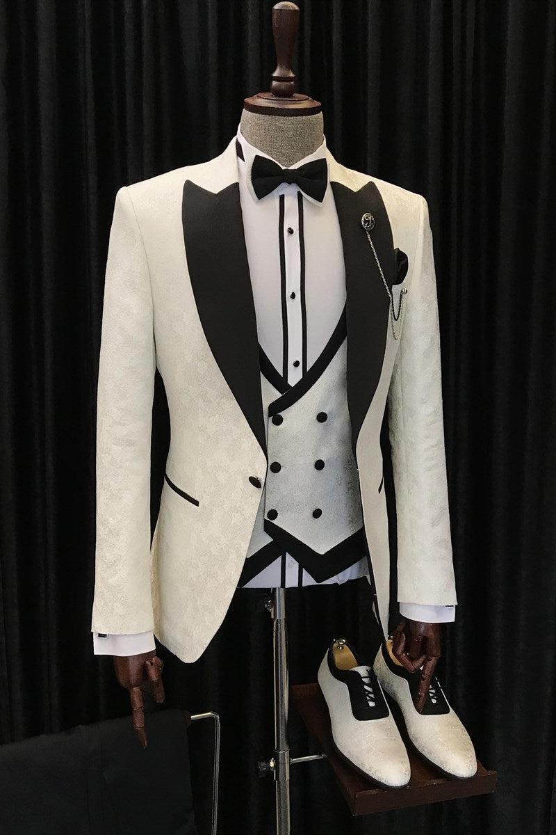 Hot Sale White Jacquard Wedding Suits with Black Peaked Lapel - Alvin 3 Piece Set-BallBride