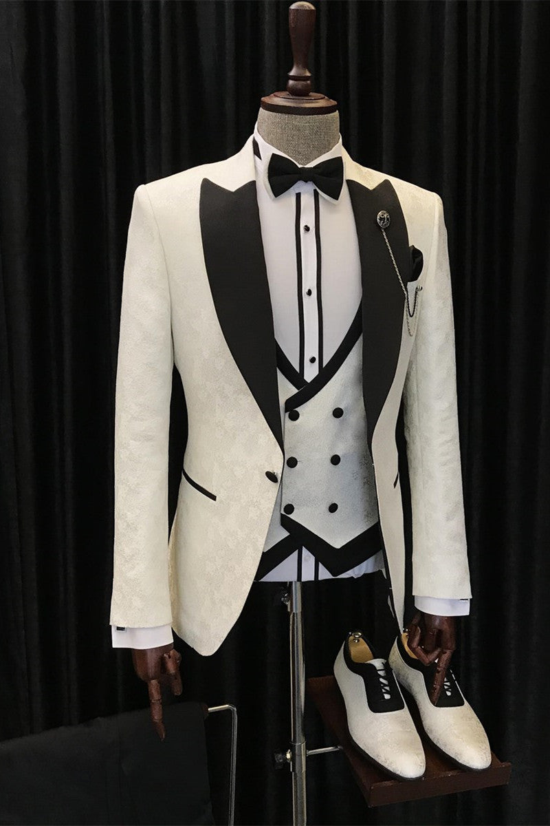 Hot Sale White Jacquard Wedding Suits with Black Peaked Lapel - Alvin 3 Piece Set-BallBride