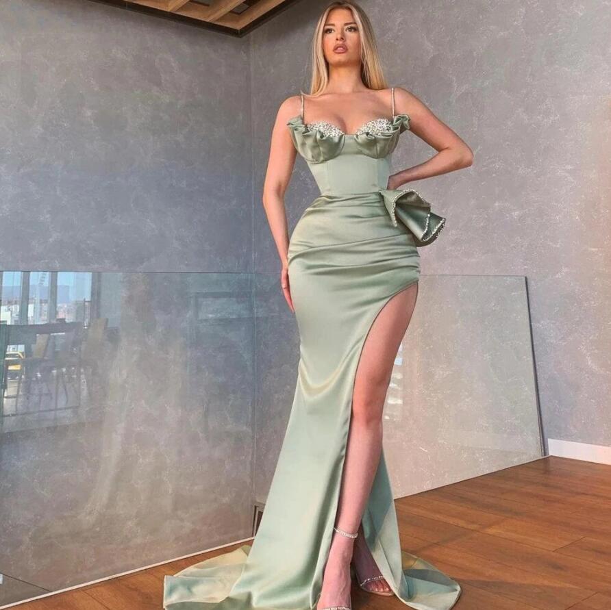 Hot Selling Dusty Sage Prom Dress with Spaghetti-Straps and Mermaid Long Side Slit Ruffles-BallBride