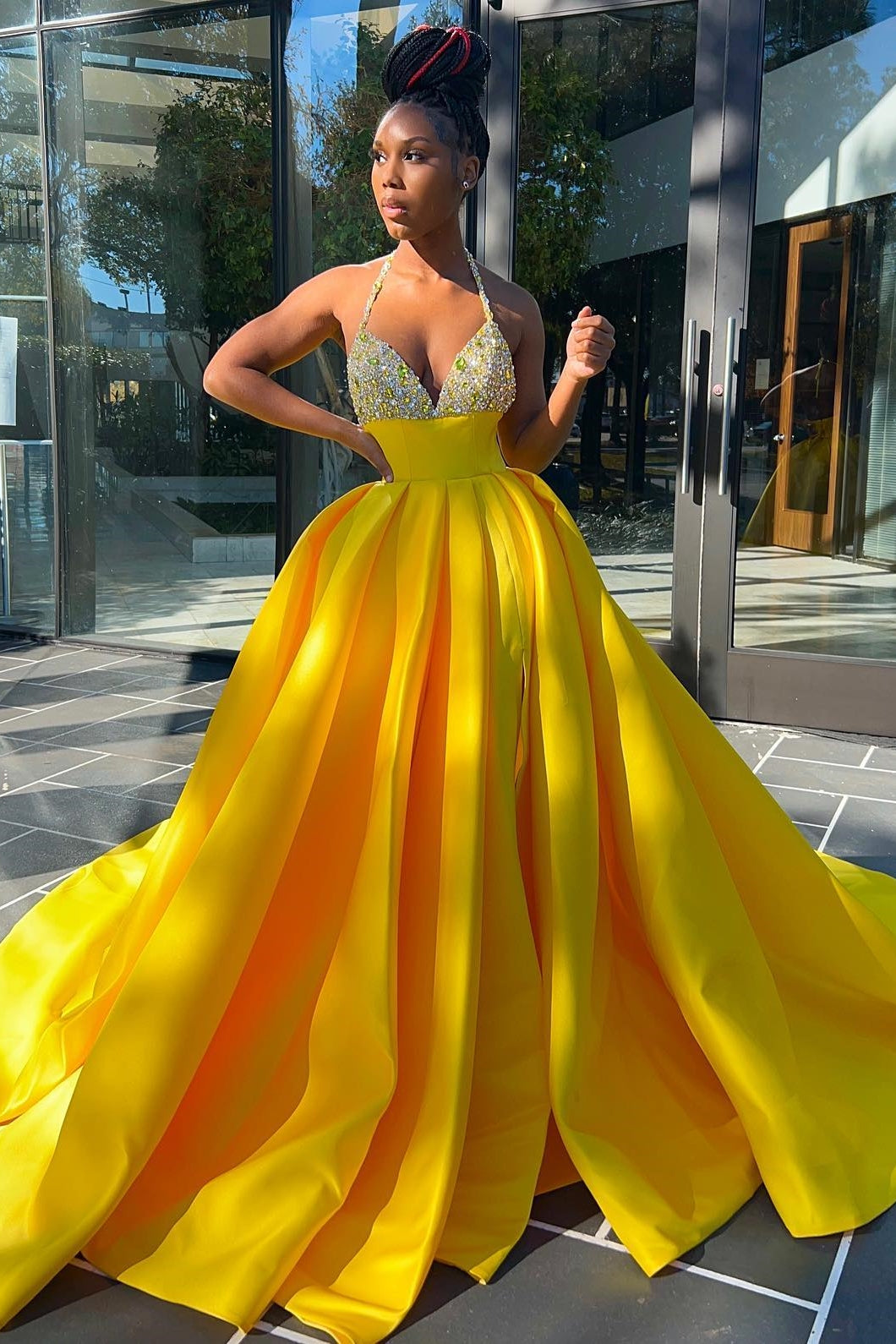 Hot Yellow Halter Open Back Beads Side Slit Ball Gown Prom Dress-BallBride