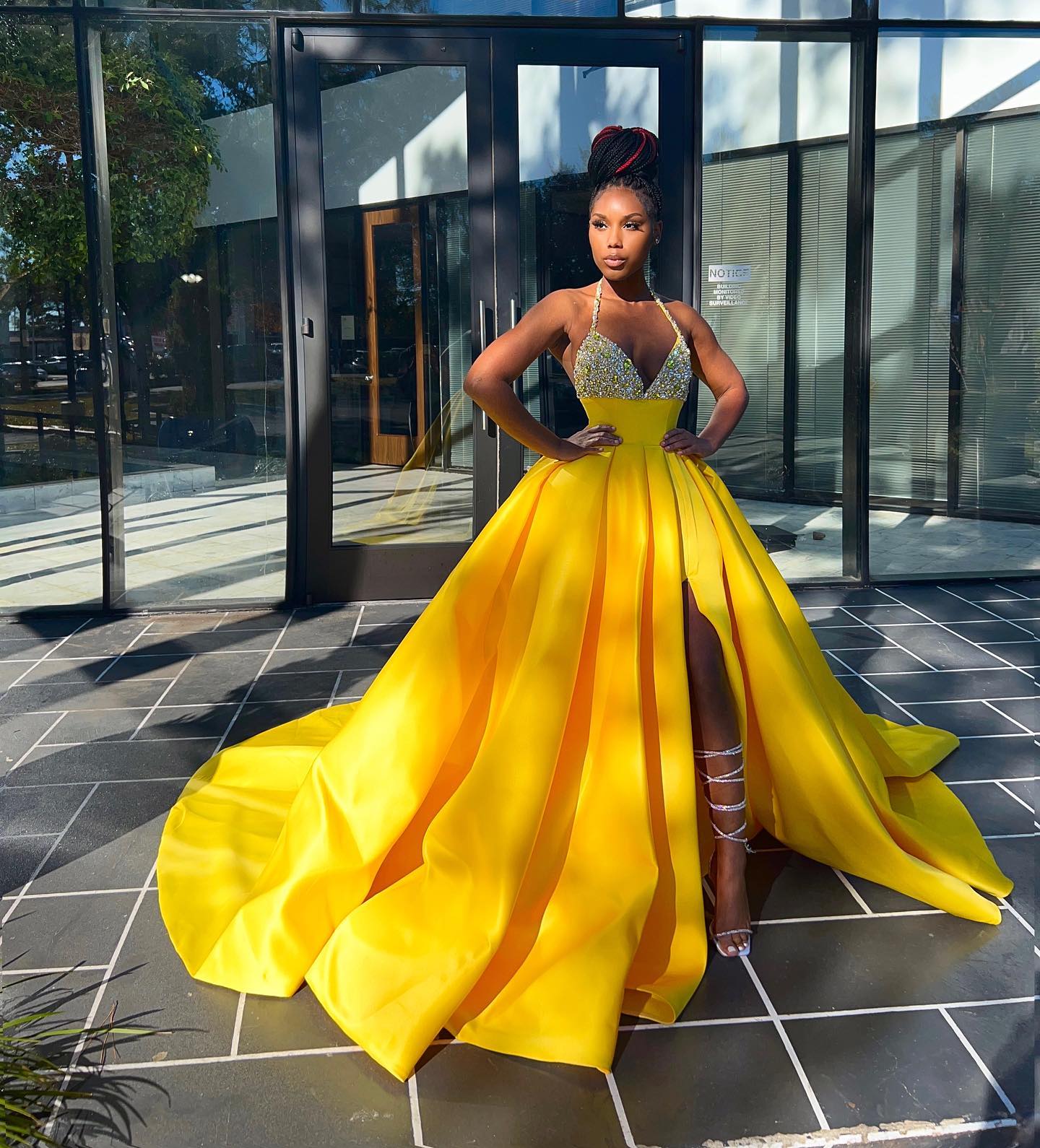 Hot Yellow Halter Open Back Beads Side Slit Ball Gown Prom Dress-BallBride