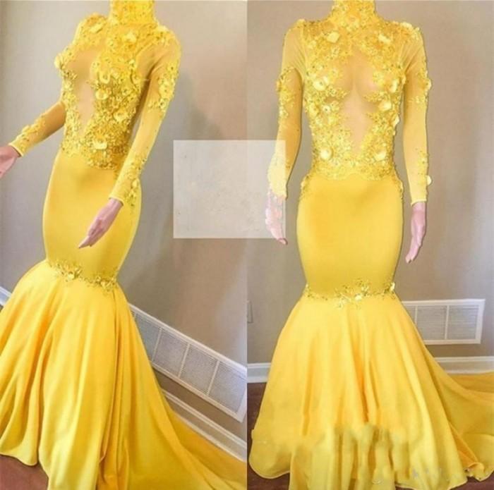 Hot Yellow High Neck Long Sleeves Mermaid Appliques Sexy Prom Dress-BallBride