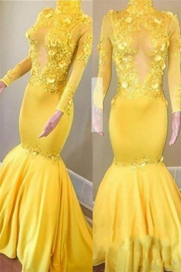 Hot Yellow High Neck Long Sleeves Mermaid Appliques Sexy Prom Dress-BallBride