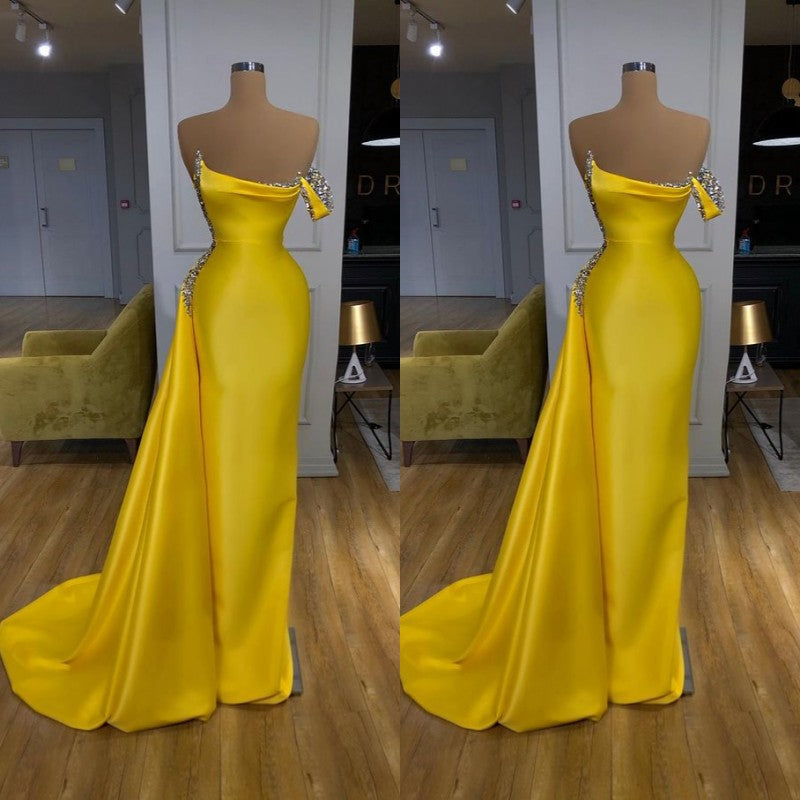 Hot Yellow Off Shoulder Sheath Crystal Prom Dress-BallBride