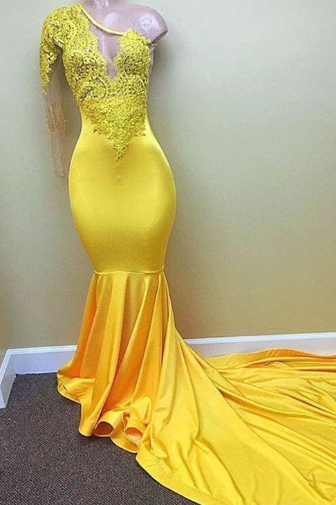 Hot Yellow One Shoulder Mermaid Appliques Fashion Prom Dress-BallBride