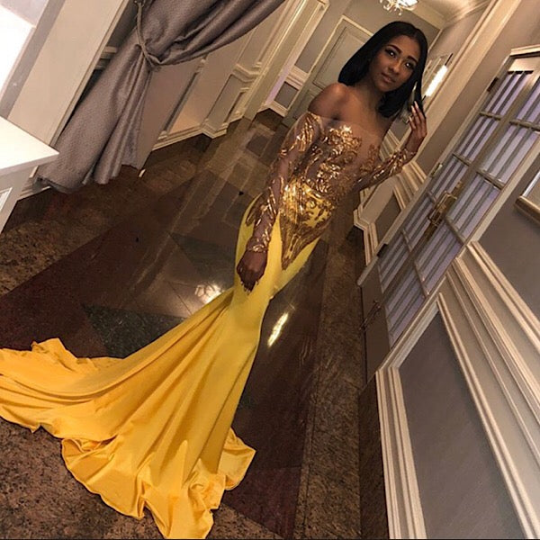 Hot Yellow Sequins Off Shoulder Mermaid Prom Dress-BallBride