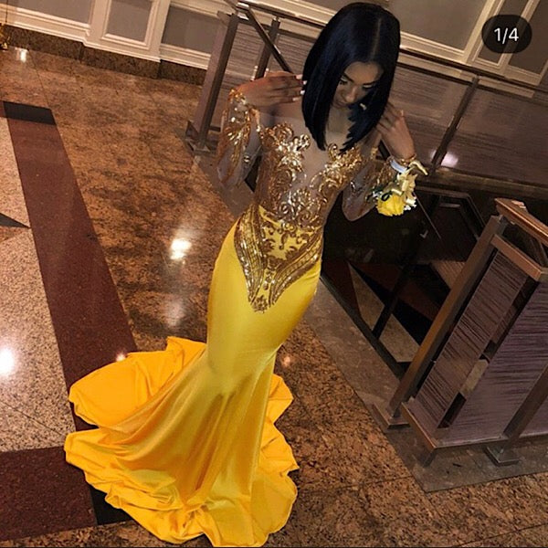Hot Yellow Sequins Off Shoulder Mermaid Prom Dress-BallBride