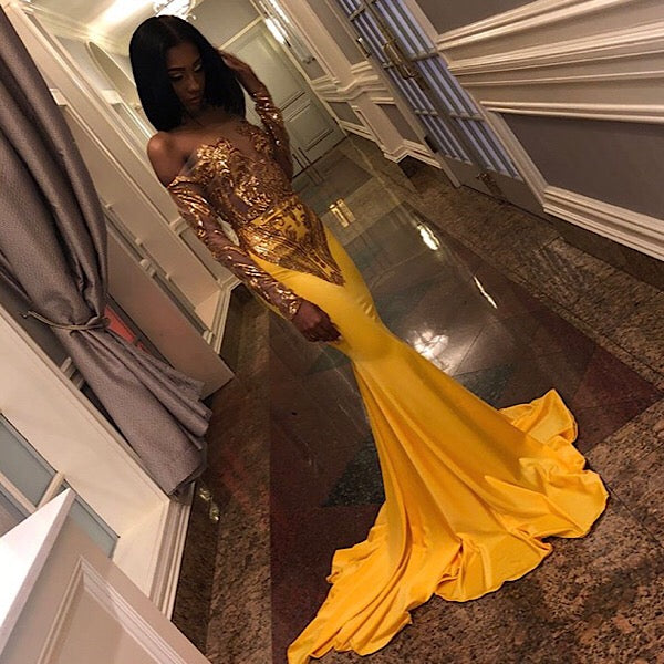Hot Yellow Sequins Off Shoulder Mermaid Prom Dress-BallBride