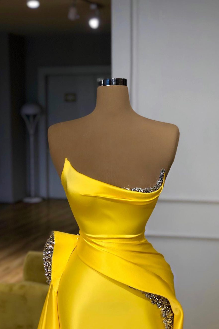 Hot Yellow Strapless Sheath Crystal Prom Dress-BallBride