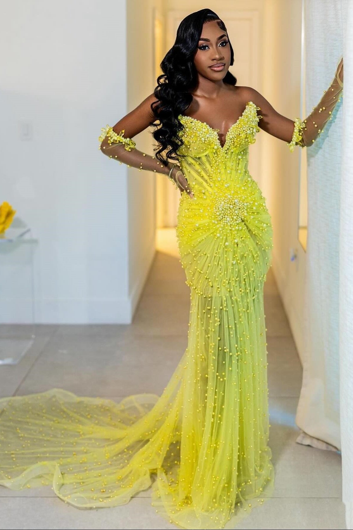 Hot Yellow Sweetheart Sheer Tulle Prom Dress with Pearls-BallBride