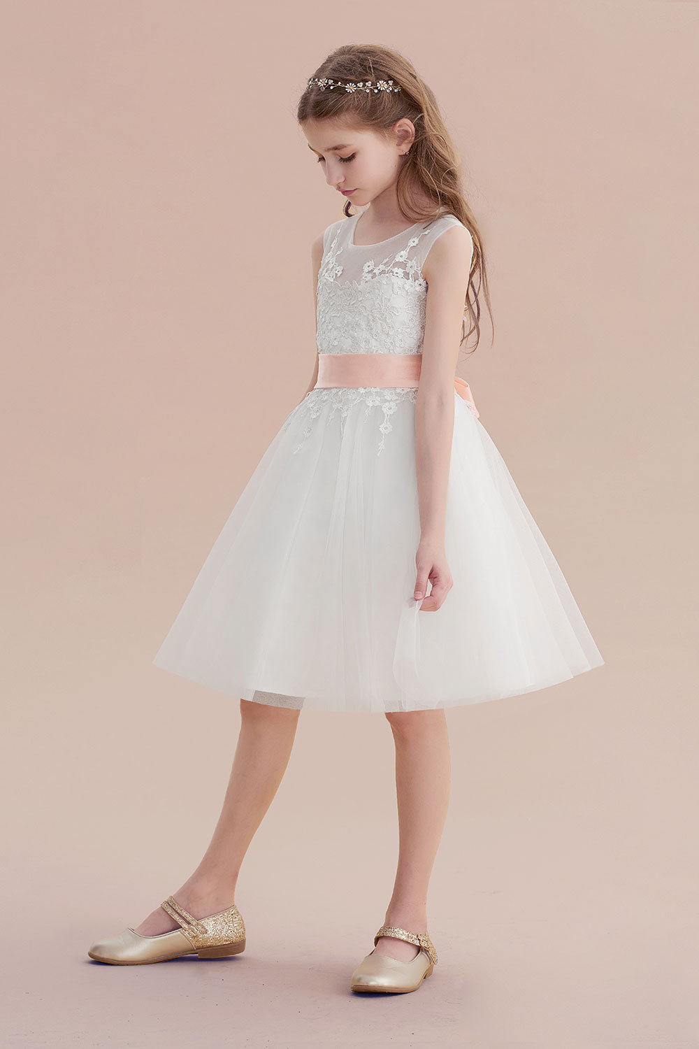 Illusion Appliques Tulle A-line Flower Girl Dress-BallBride