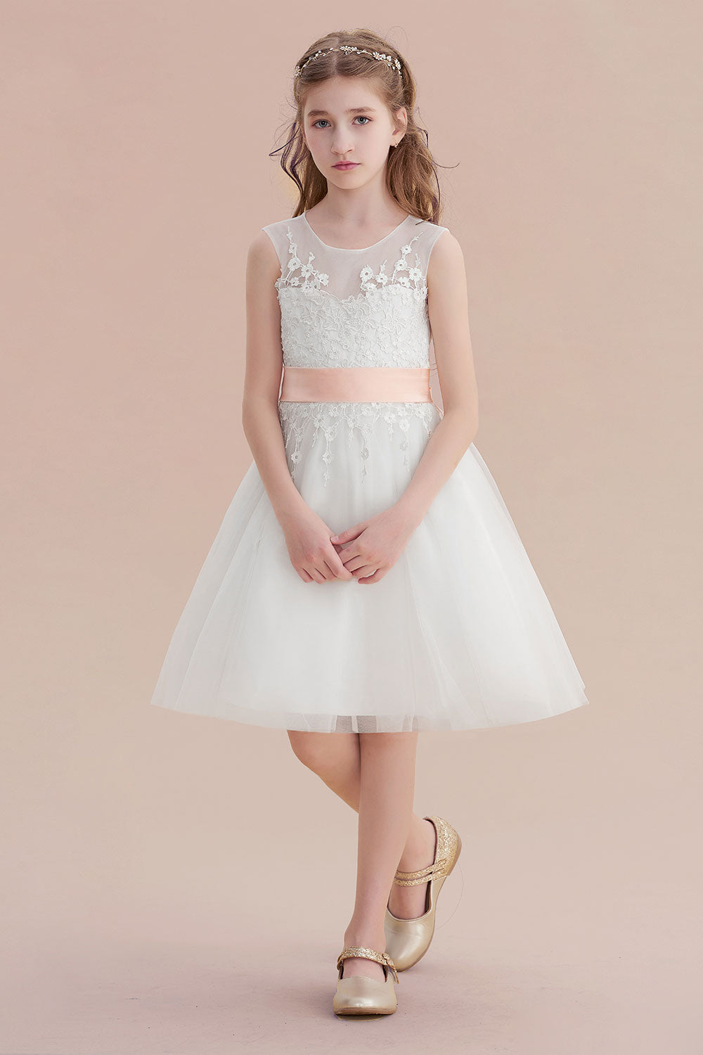 Illusion Appliques Tulle A-line Flower Girl Dress-BallBride