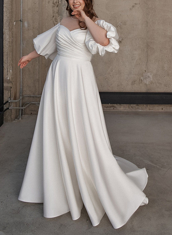 Illusion Neck Chic A-line Satin Wedding Dress Half Sleeves Sweep Train-Ballbride