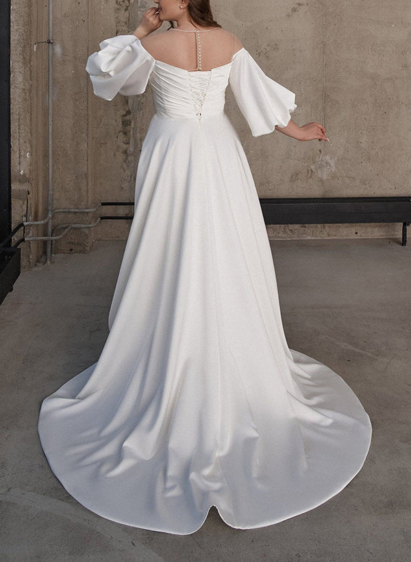 Illusion Neck Chic A-line Satin Wedding Dress Half Sleeves Sweep Train-Ballbride