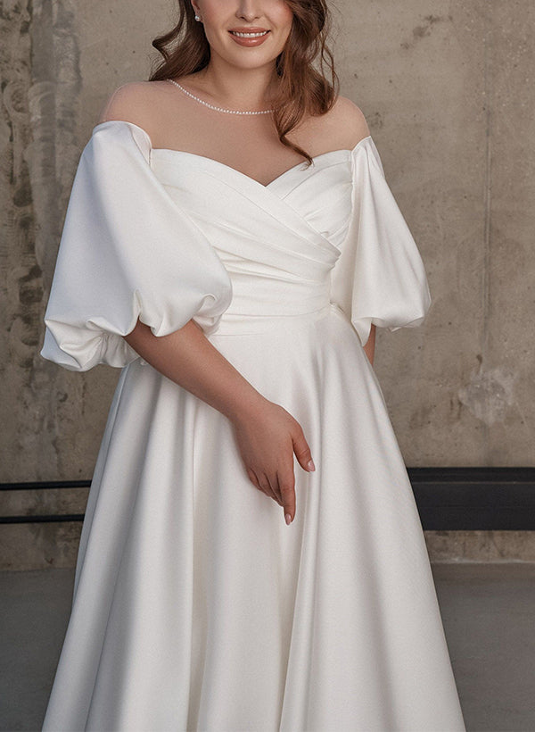 Illusion Neck Chic A-line Satin Wedding Dress Half Sleeves Sweep Train-Ballbride