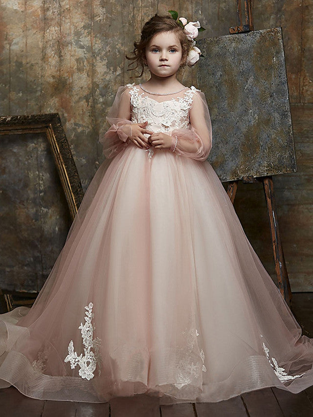 Illusion Neck Lace Organza Ball Gown with Appliques Buttons for Flower Girl Dresses-BallBride