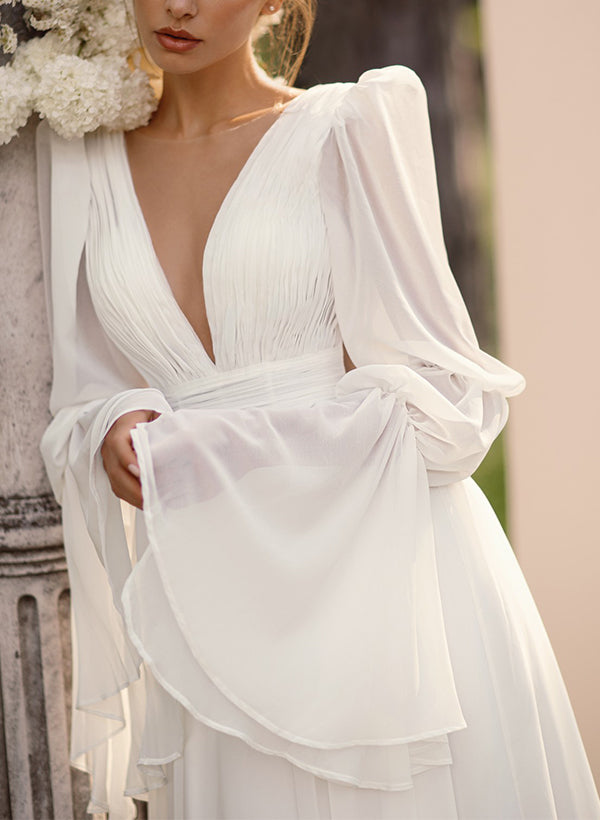 Illusion Neck Long Sleeves Chic A-line Chiffon Elegant Wedding Dresses Pleated-Ballbride