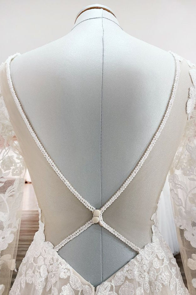 Ivory A-line Lace Open Back Wedding Dress with Tulle Appliques-BallBride