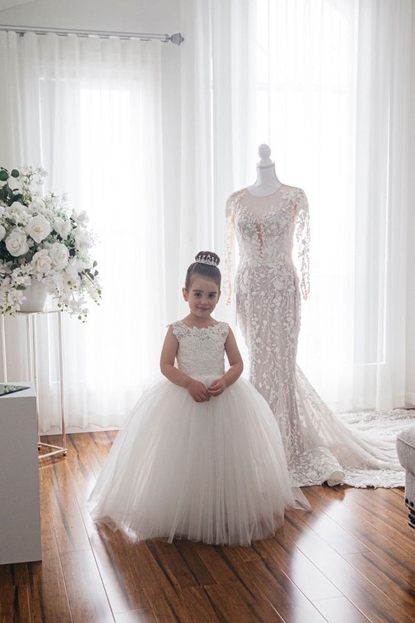 Ivory Jewel Sleeveless Flower Girl Dress with Tulle Appliques and Bow-BallBride