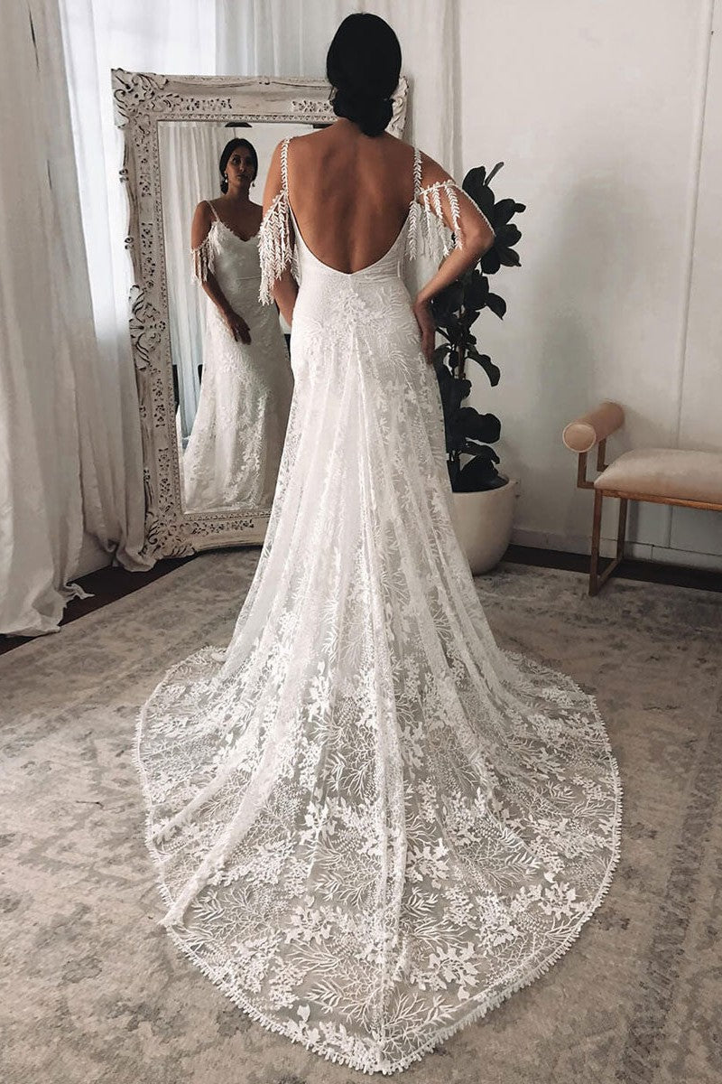 Ivory Lace Sexy Backless Wedding Dress With Train A-Line Sleeveless Chic V-Neck Bridal Gowns-BallBride