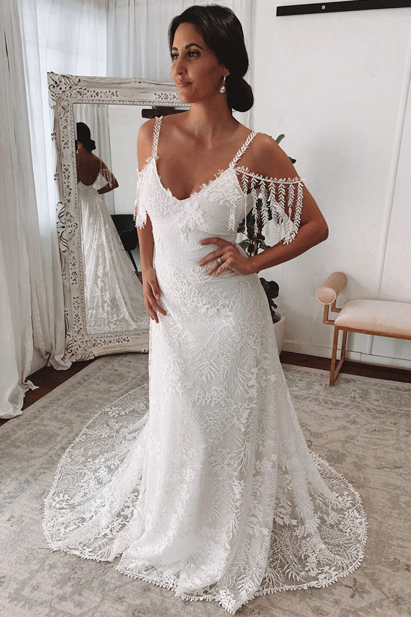 Ivory Lace Sexy Backless Wedding Dress With Train A-Line Sleeveless Chic V-Neck Bridal Gowns-BallBride