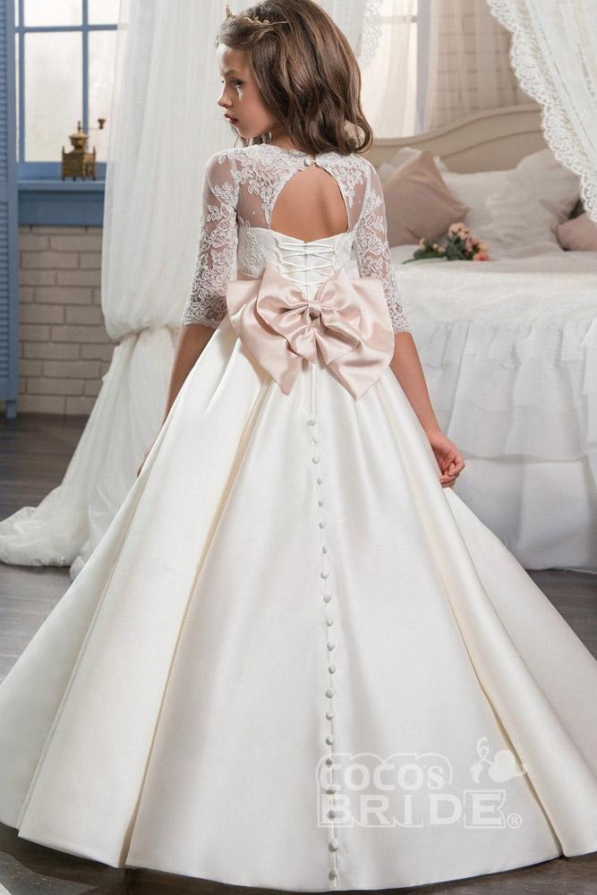 Ivory Long Sleeves Ball Gown Chiffon Lace Flower Girls Dress-BallBride