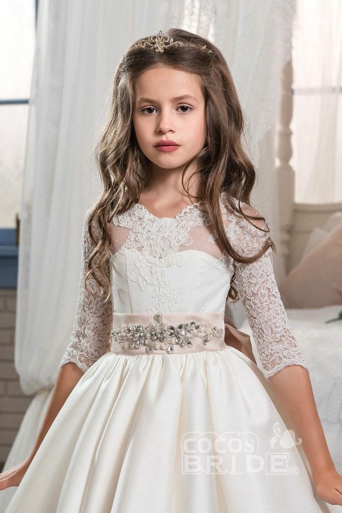 Ivory Long Sleeves Ball Gown Chiffon Lace Flower Girls Dress-BallBride
