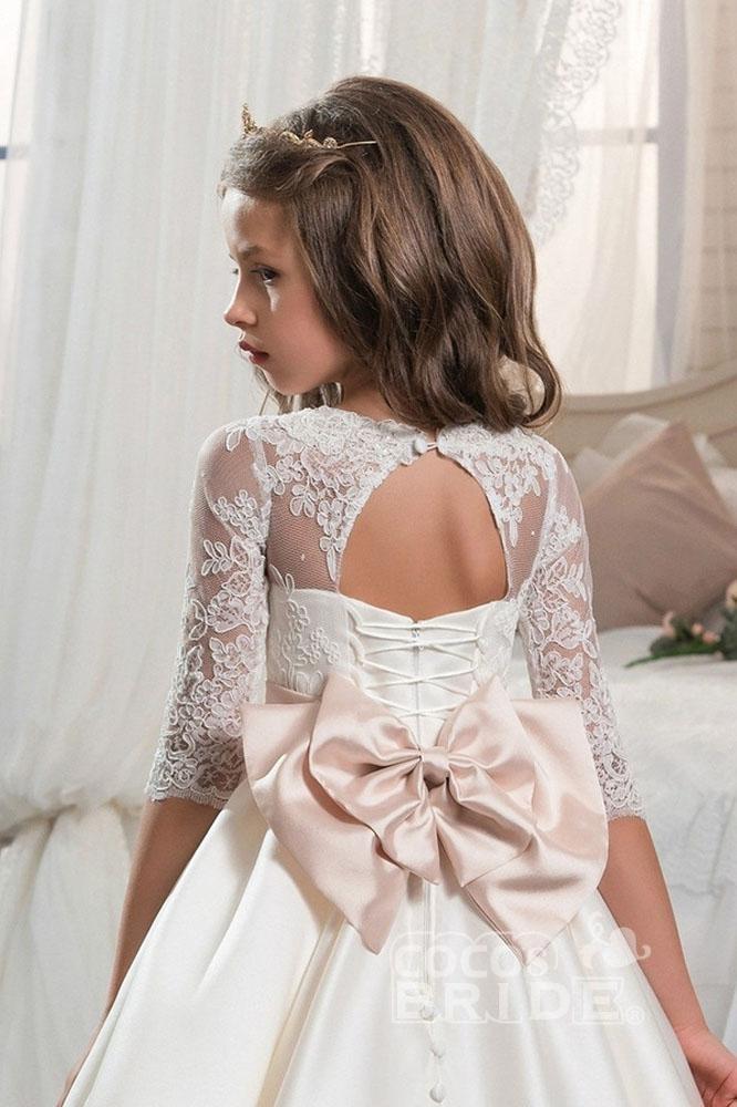 Ivory Long Sleeves Ball Gown Chiffon Lace Flower Girls Dress-BallBride