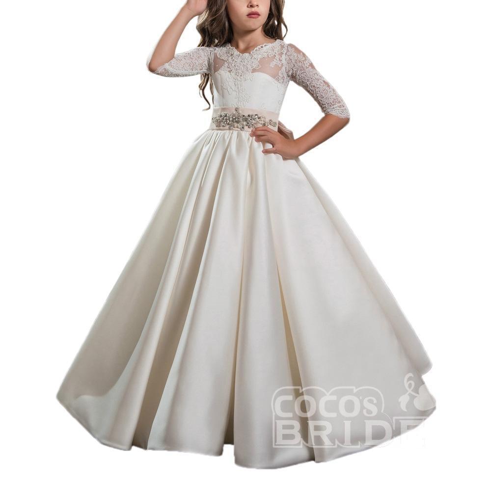 Ivory Long Sleeves Ball Gown Chiffon Lace Flower Girls Dress-BallBride