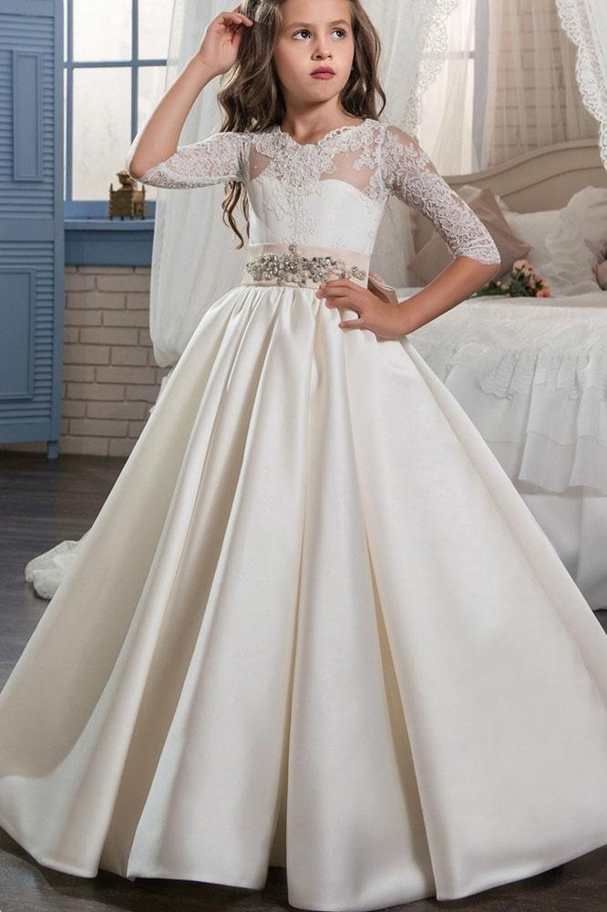Ivory Long Sleeves Ball Gown Chiffon Lace Flower Girls Dress-BallBride