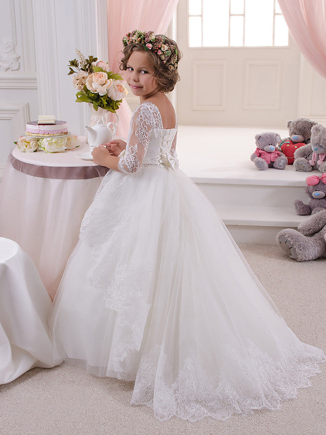 Ivory Scoop Ball Gown Flower Girl Dresses with Lace and Crystal-BallBride