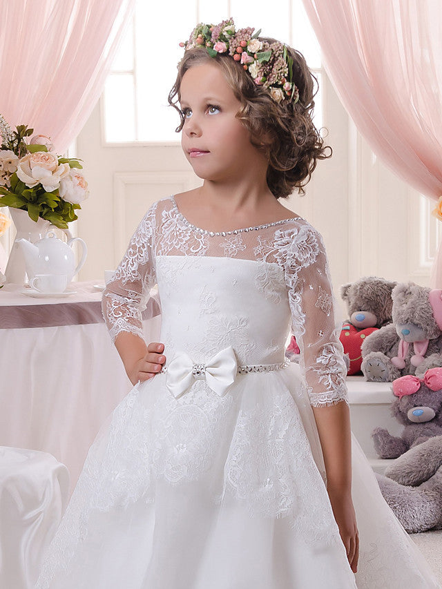 Ivory Scoop Ball Gown Flower Girl Dresses with Lace and Crystal-BallBride