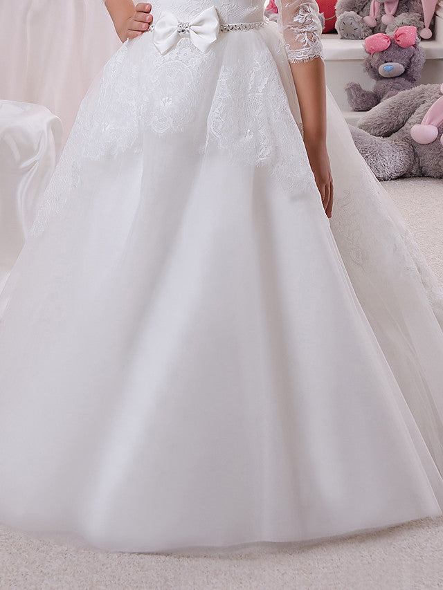 Ivory Scoop Ball Gown Flower Girl Dresses with Lace and Crystal-BallBride