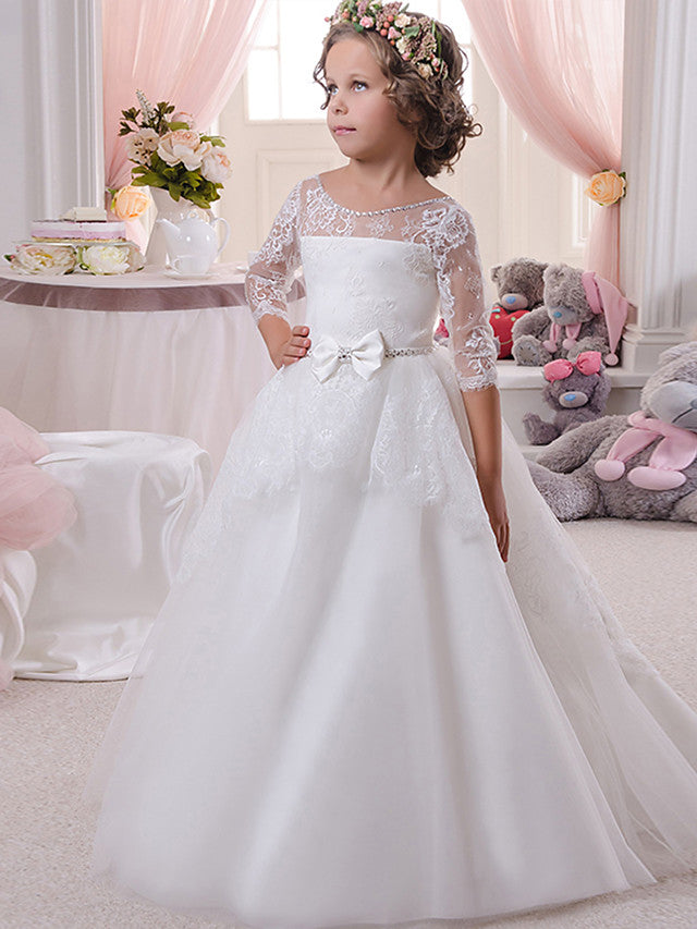 Ivory Scoop Ball Gown Flower Girl Dresses with Lace and Crystal-BallBride