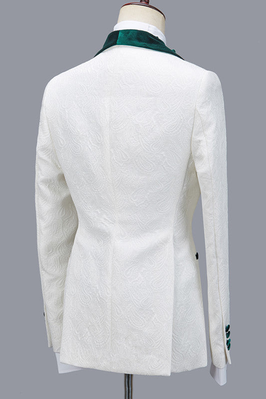 Jeffery White Wedding Suit with Green Lapel - Fashion Jacquard Three Pieces-BallBride