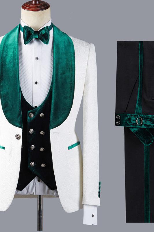 Jeffery White Wedding Suit with Green Lapel - Fashion Jacquard Three Pieces-BallBride