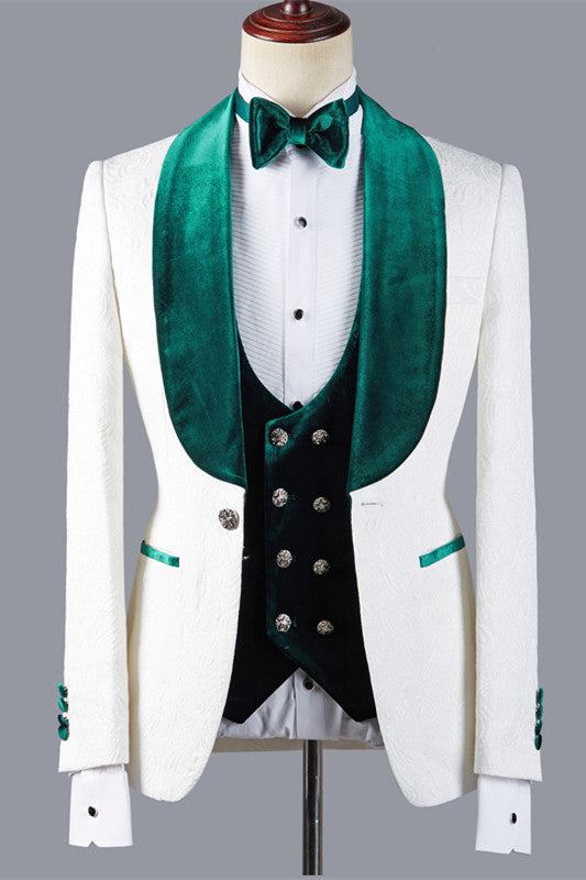 Jeffery White Wedding Suit with Green Lapel - Fashion Jacquard Three Pieces-BallBride